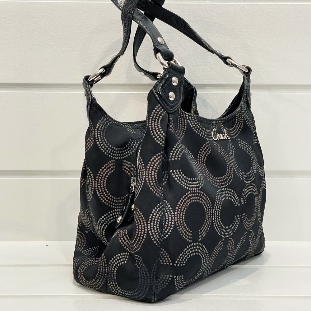 Coach Ashley Triple Compartment Dotted OP Art Hobo Tote Handbag Bag Black F21920 - Picture 6 of 16